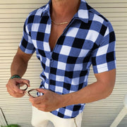 Plaid T Shirt Mens Zipper Short Sleeve