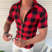 Plaid T Shirt Mens Zipper Short Sleeve