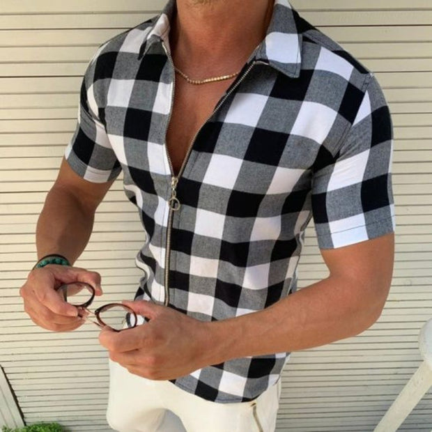 Plaid T Shirt Mens Zipper Short Sleeve